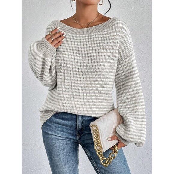 Women's Oversized Striped Sweater Fall Long Sleeve Knit Pullover Casual - Picture 3 of 5